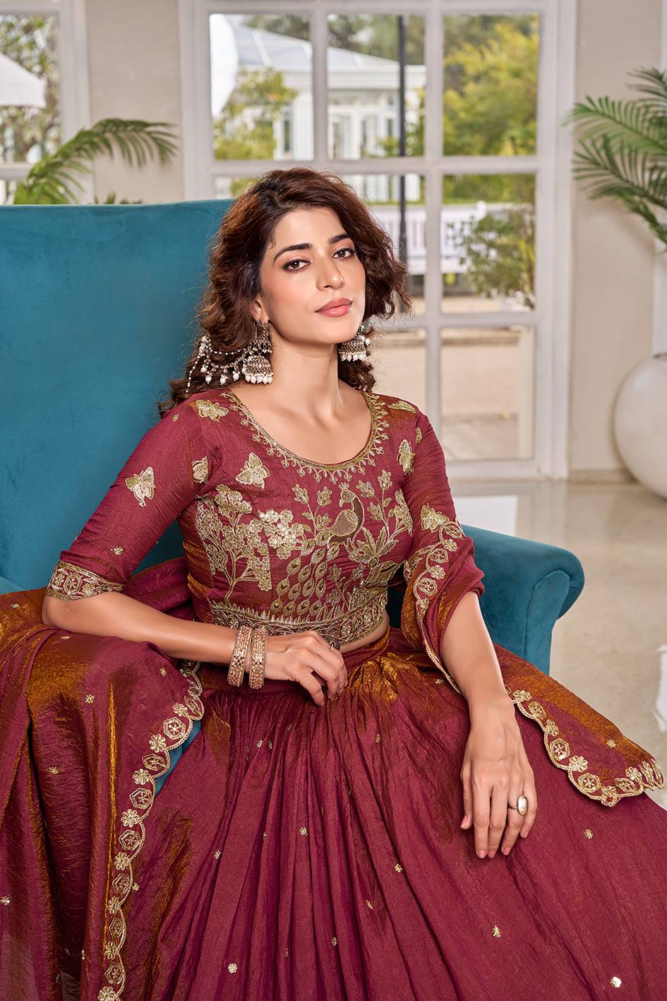 Royal Wine Vichitra Embroidered Lehenga Choli Set [3 PCS]