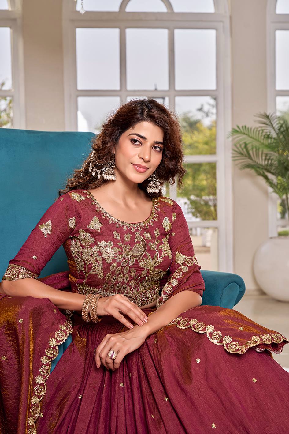 Royal Wine Vichitra Embroidered Lehenga Choli Set [3 PCS]