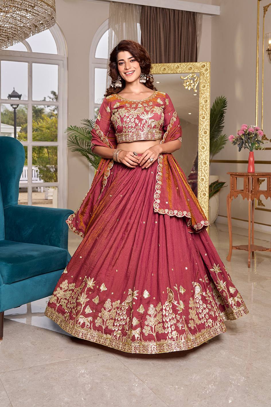 Royal Wine Vichitra Embroidered Lehenga Choli Set [3 PCS]