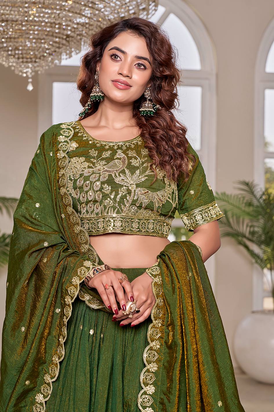 Green Vichitra Embroidered Lehenga Choli Set [3 PCS]