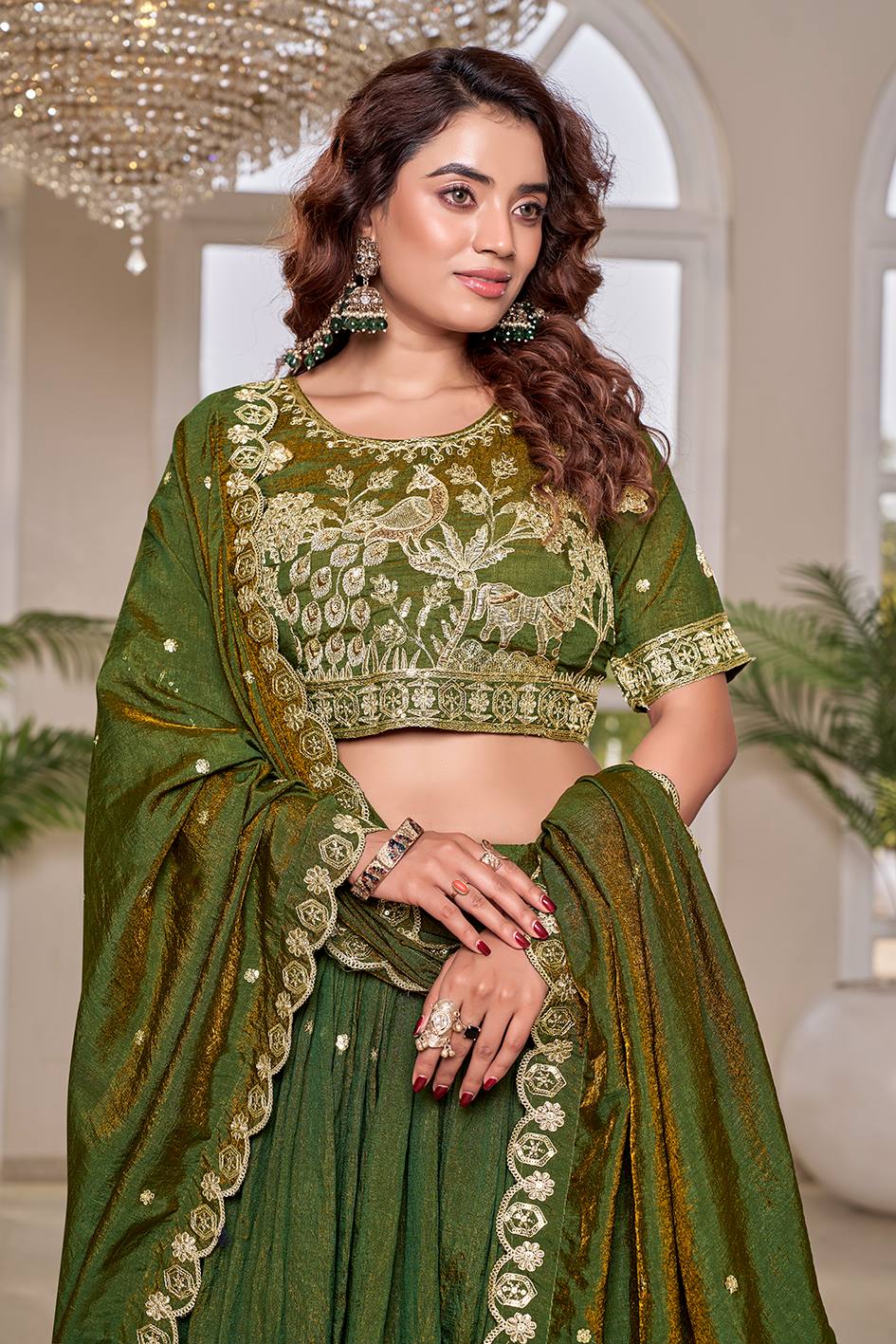 Green Vichitra Embroidered Lehenga Choli Set [3 PCS]