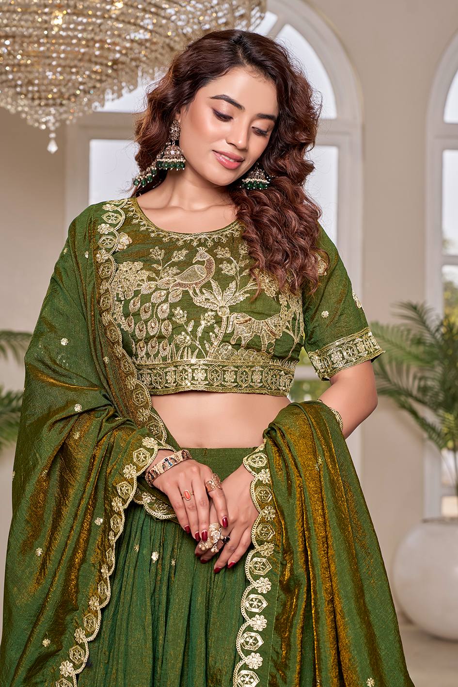 Green Vichitra Embroidered Lehenga Choli Set [3 PCS]
