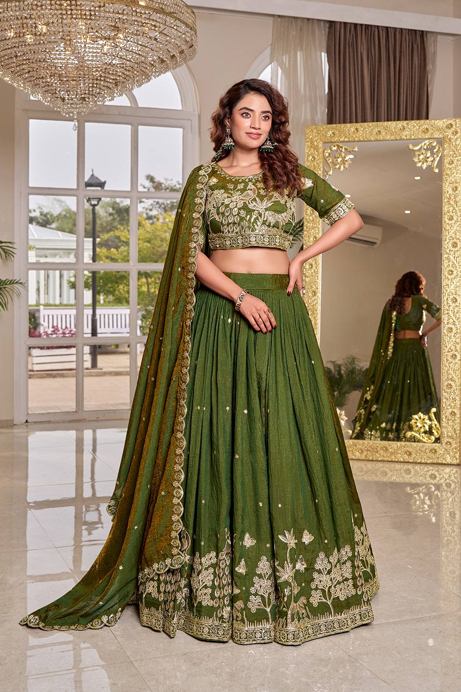 Green Vichitra Embroidered Lehenga Choli Set [3 PCS]