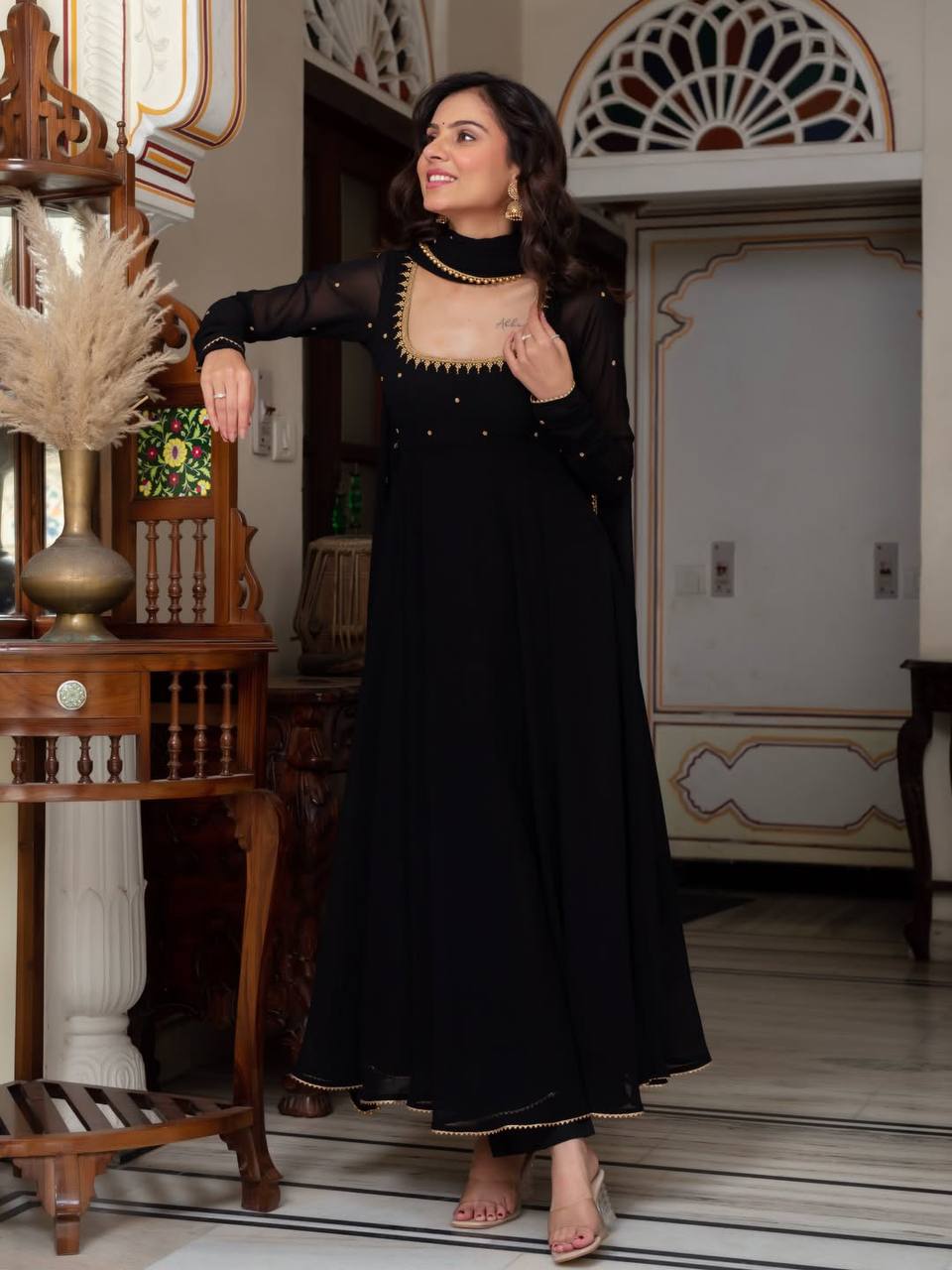 Black Zari Embroidered Anarkali Suit Set [3 PCS]