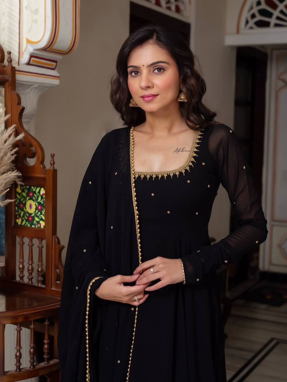 Black Zari Embroidered Anarkali Suit Set [3 PCS]