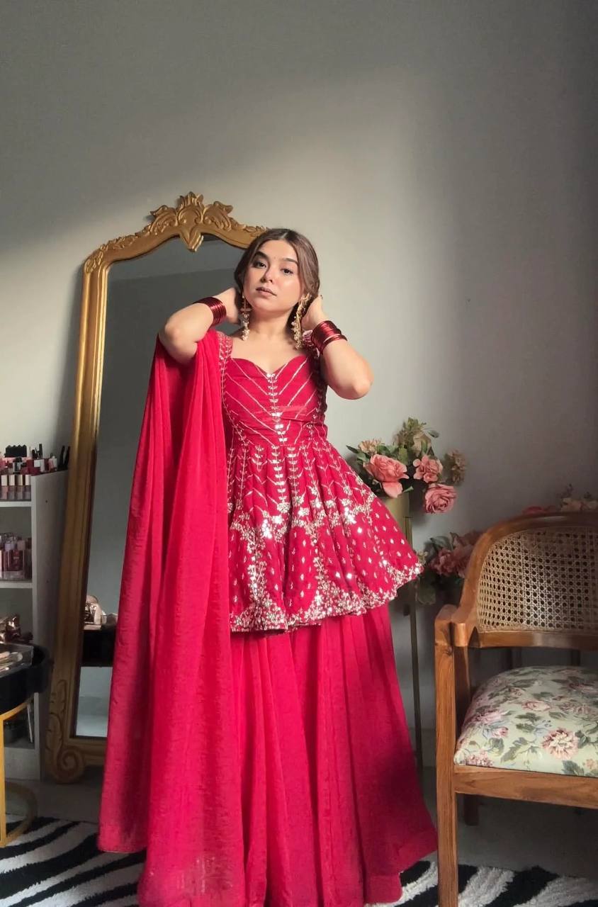 Pink Sequins Zari Embroidered Slit Kurta Sharara Suit Set [3 PCS]
