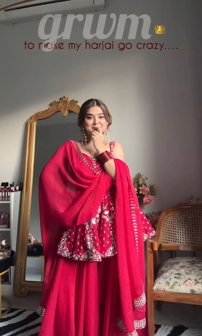 Pink Sequins Zari Embroidered Slit Kurta Sharara Suit Set [3 PCS]