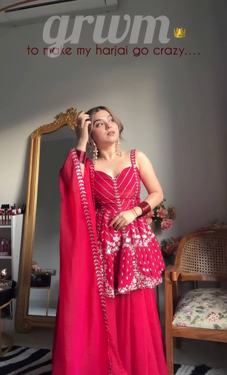 Pink Sequins Zari Embroidered Slit Kurta Sharara Suit Set [3 PCS]