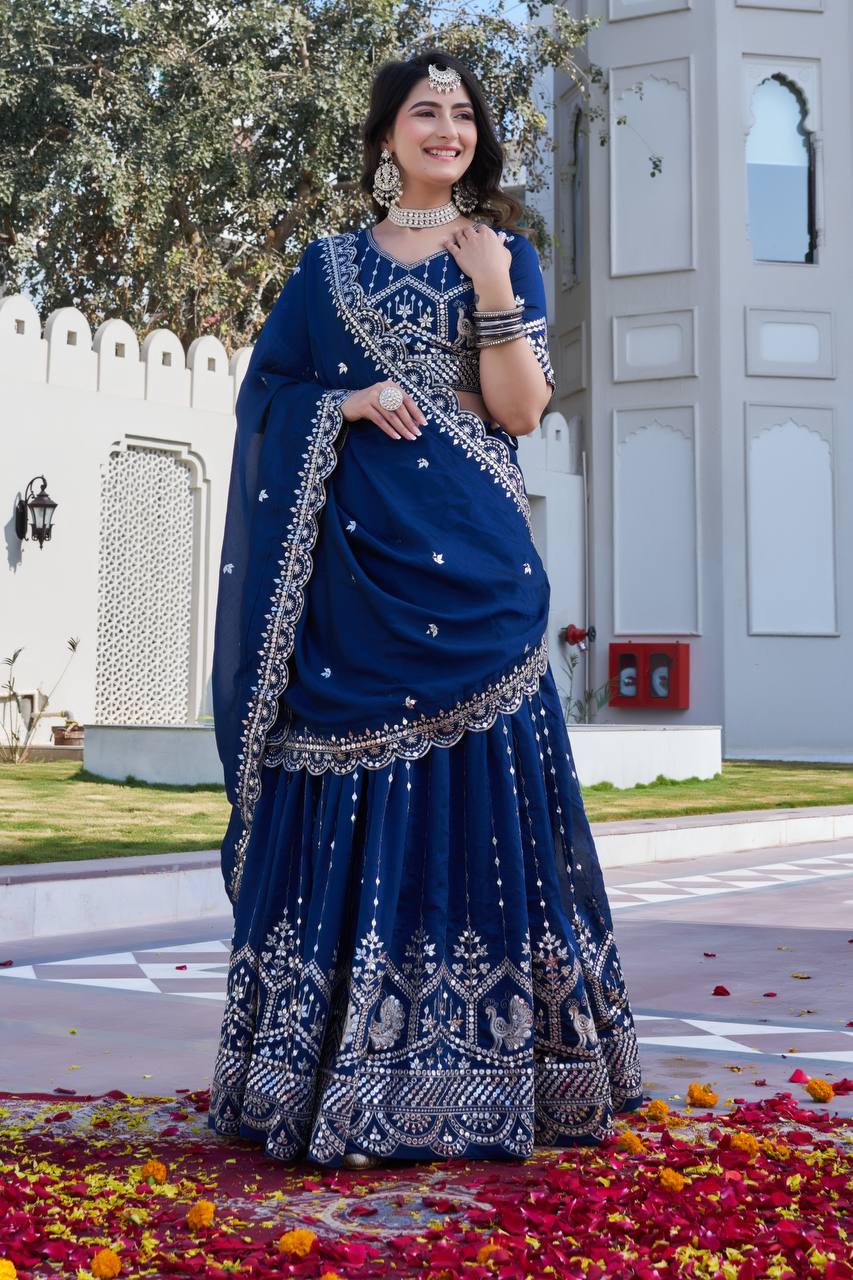 Navy Blue Vichitra Embroidered Festival Lehenga Choli Set with Dupatta [3 PCS]