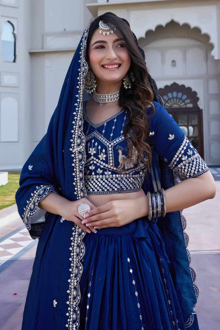 Navy Blue Vichitra Embroidered Festival Lehenga Choli Set with Dupatta [3 PCS]