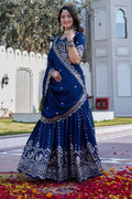 Navy Blue Vichitra Embroidered Festival Lehenga Choli Set with Dupatta [3 PCS]