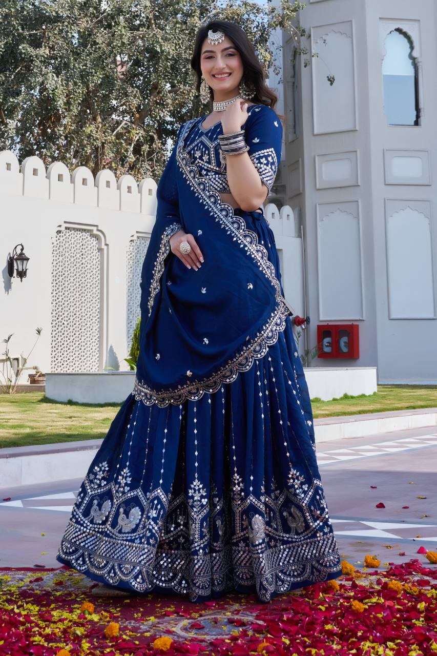 Navy Blue Vichitra Embroidered Festival Lehenga Choli Set with Dupatta [3 PCS]