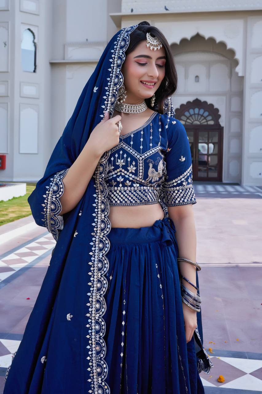 Navy Blue Vichitra Embroidered Festival Lehenga Choli Set with Dupatta [3 PCS]