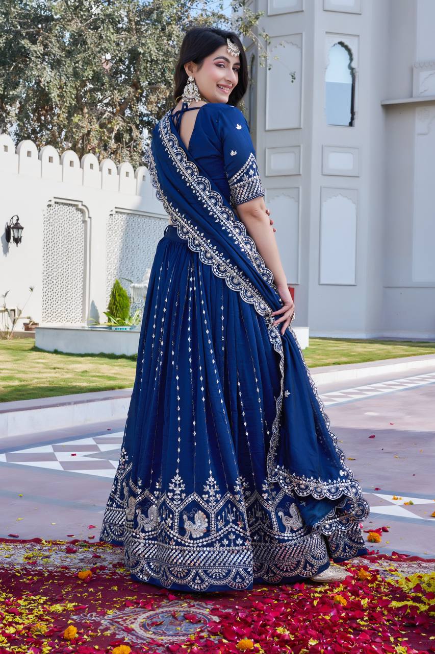 Navy Blue Vichitra Embroidered Festival Lehenga Choli Set with Dupatta [3 PCS]