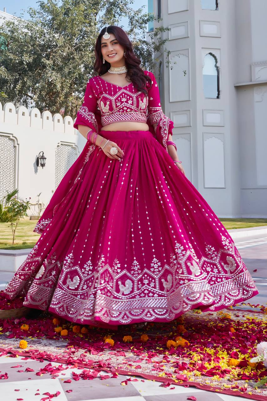 Hot Pink Vichitra Embroidered Festival Lehenga Choli Set with Dupatta [3 PCS]