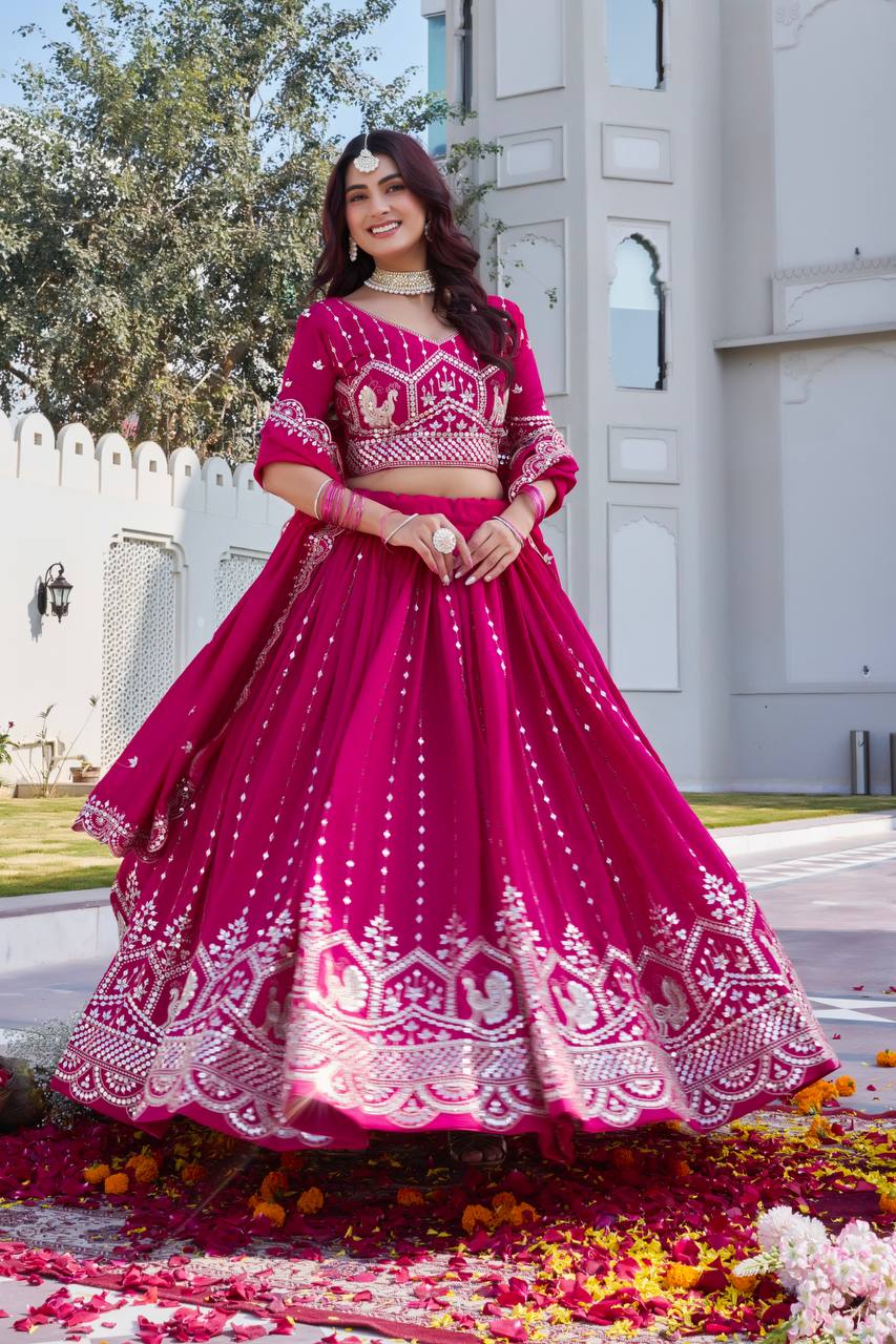 Hot Pink Vichitra Embroidered Festival Lehenga Choli Set with Dupatta