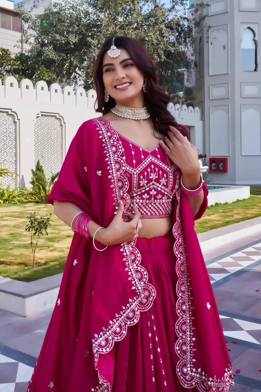 Hot Pink Vichitra Embroidered Festival Lehenga Choli Set with Dupatta [3 PCS]