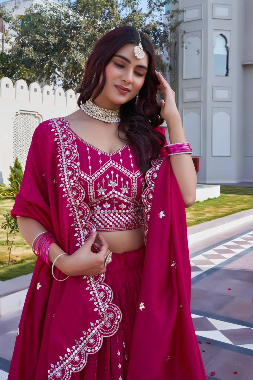 Hot Pink Vichitra Embroidered Festival Lehenga Choli Set with Dupatta