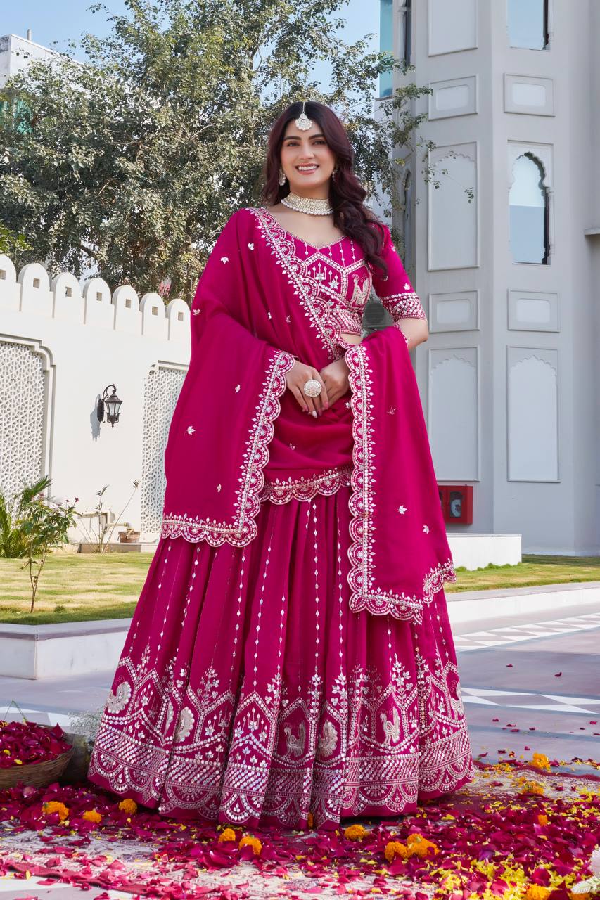 Hot Pink Vichitra Embroidered Festival Lehenga Choli Set with Dupatta [3 PCS]