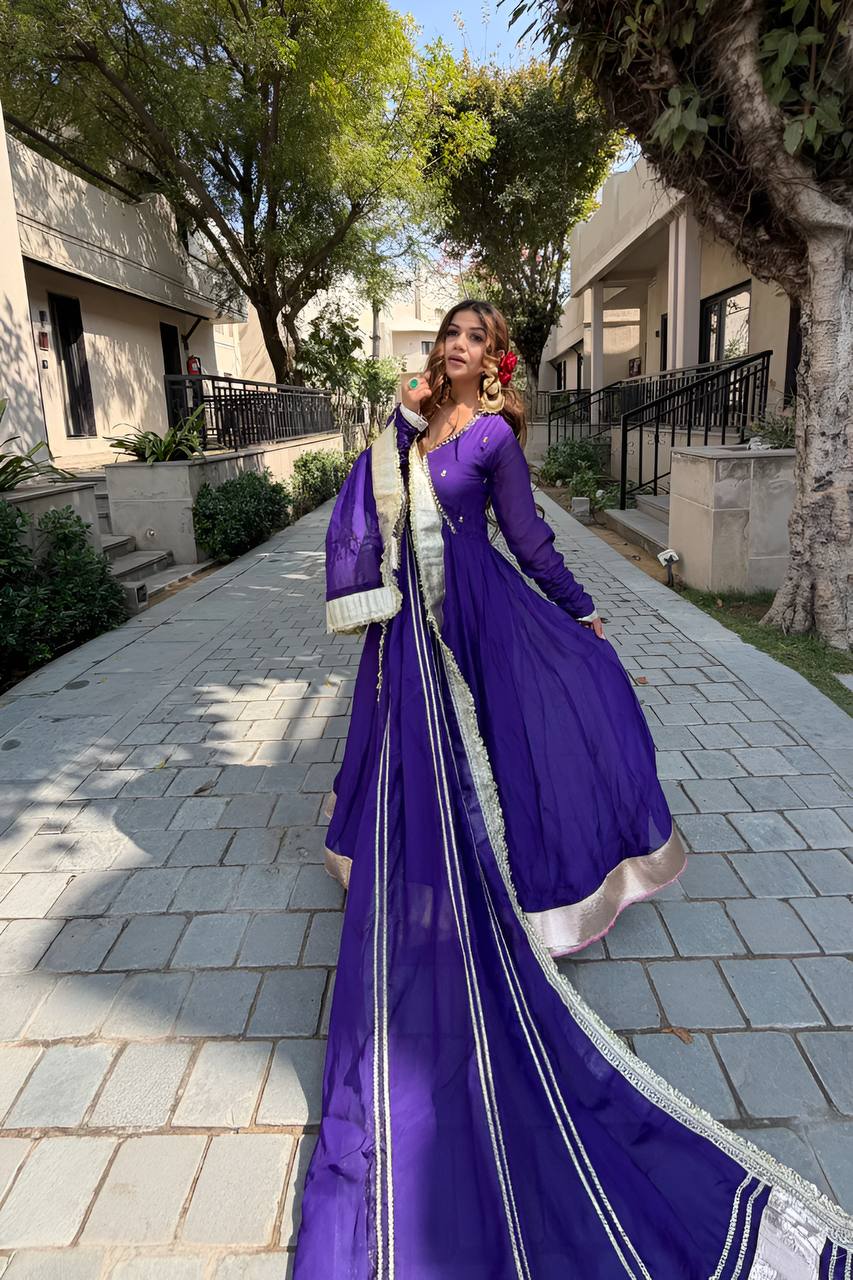 Purple Embroidered Anarkali Sharara Suit Set [3 PCS]