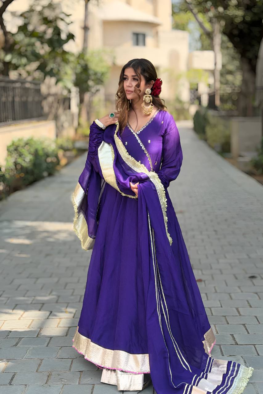 Purple Embroidered Anarkali Sharara Suit Set [3 PCS]