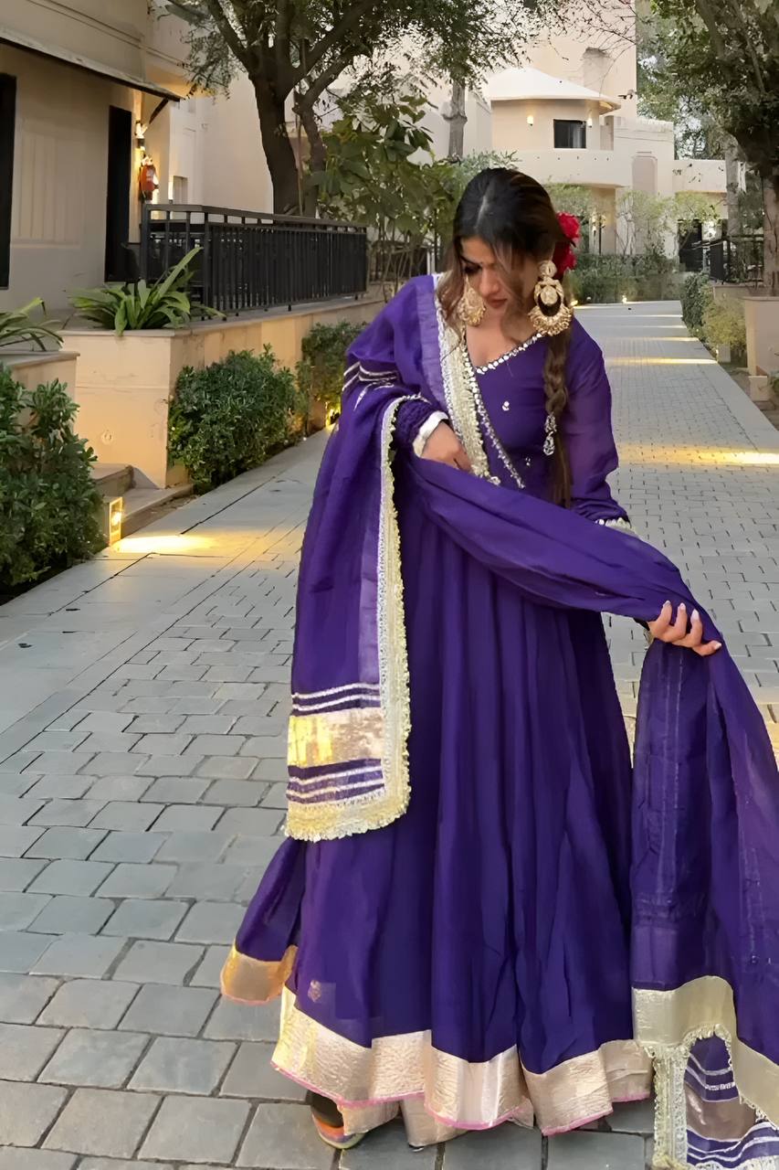 Purple Embroidered Anarkali Sharara Suit Set [3 PCS]
