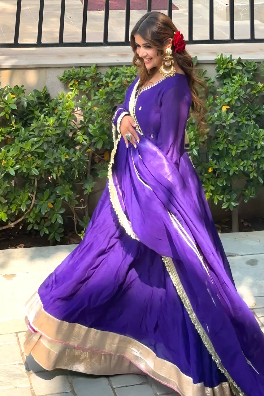 Purple Embroidered Anarkali Sharara Suit Set [3 PCS]