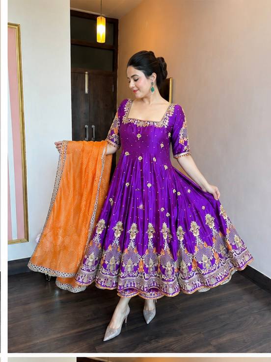 Aisha Purple Zari Sequins Luxury Anarkali Suit Set