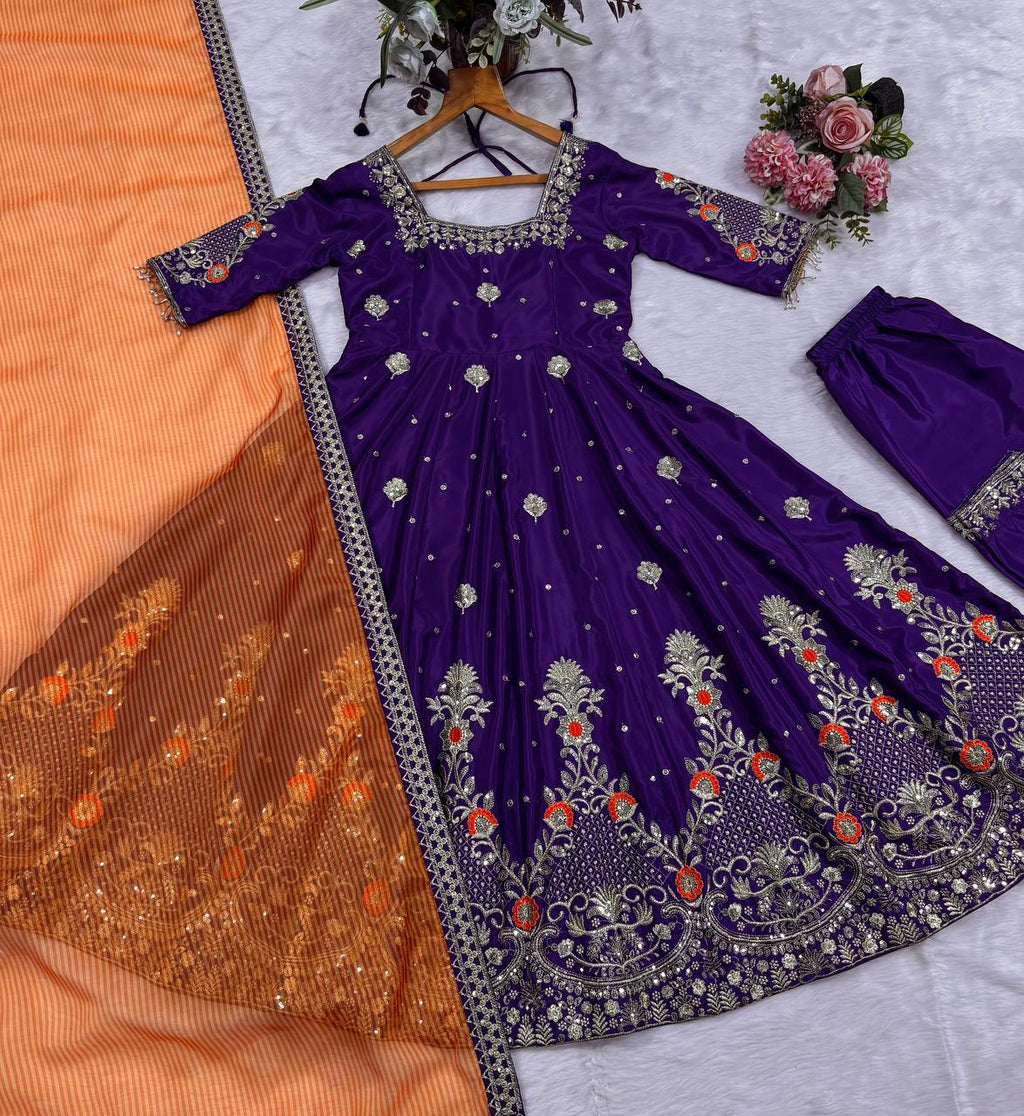 Aisha Purple Zari Sequins Luxury Anarkali Suit Set