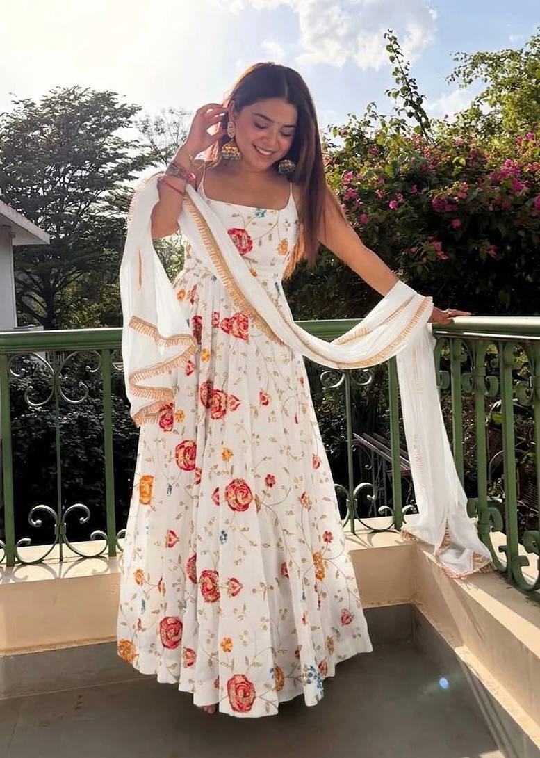 Elara White Zari Sequins Luxury Anarkali Suit Set