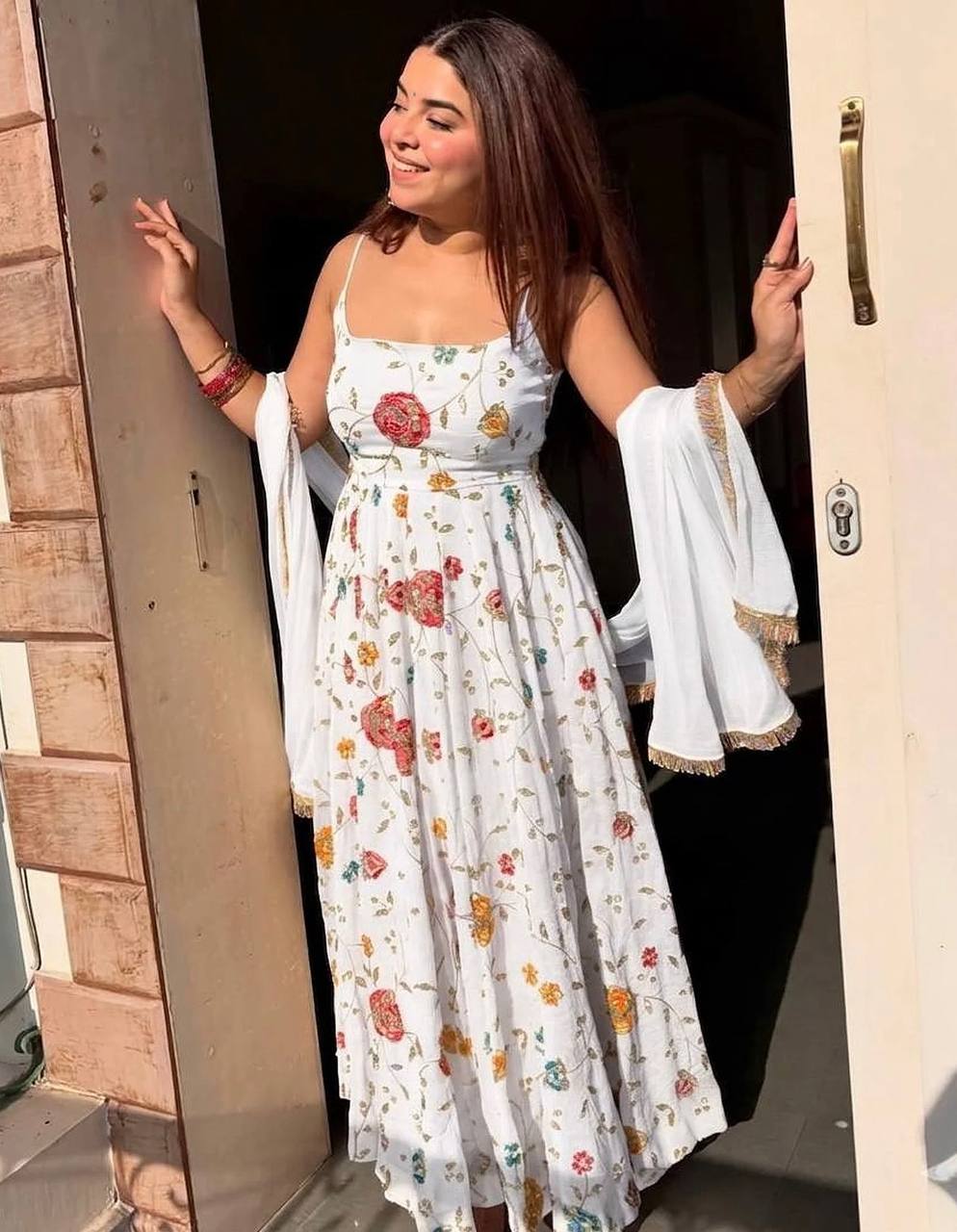 Elara White Zari Sequins Luxury Anarkali Suit Set