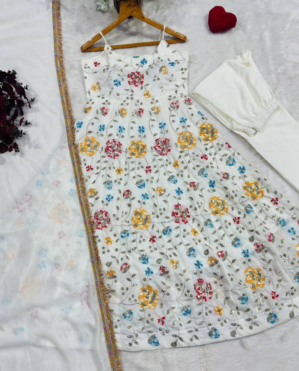 Elara White Zari Sequins Luxury Anarkali Suit Set