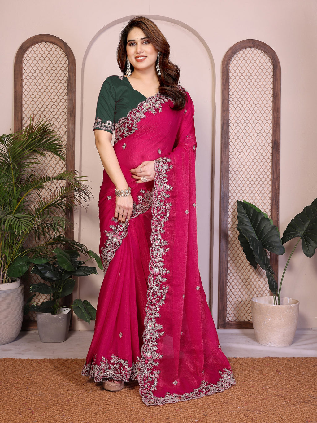 Oreva11 Pink Chiffon Silk Embroidery Saree with Blouse