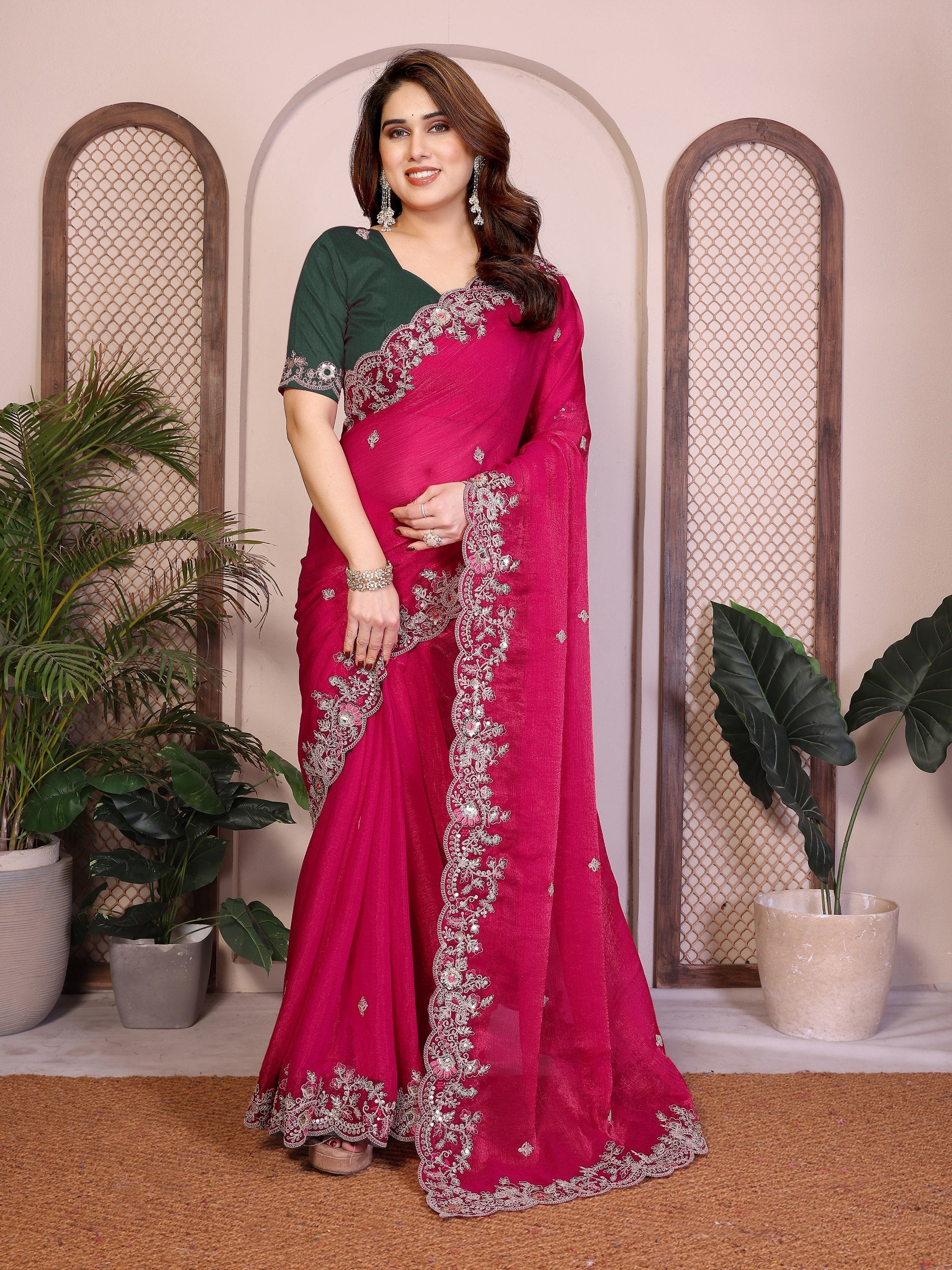 Oreva11 Pink Chiffon Silk Embroidery Saree with Blouse