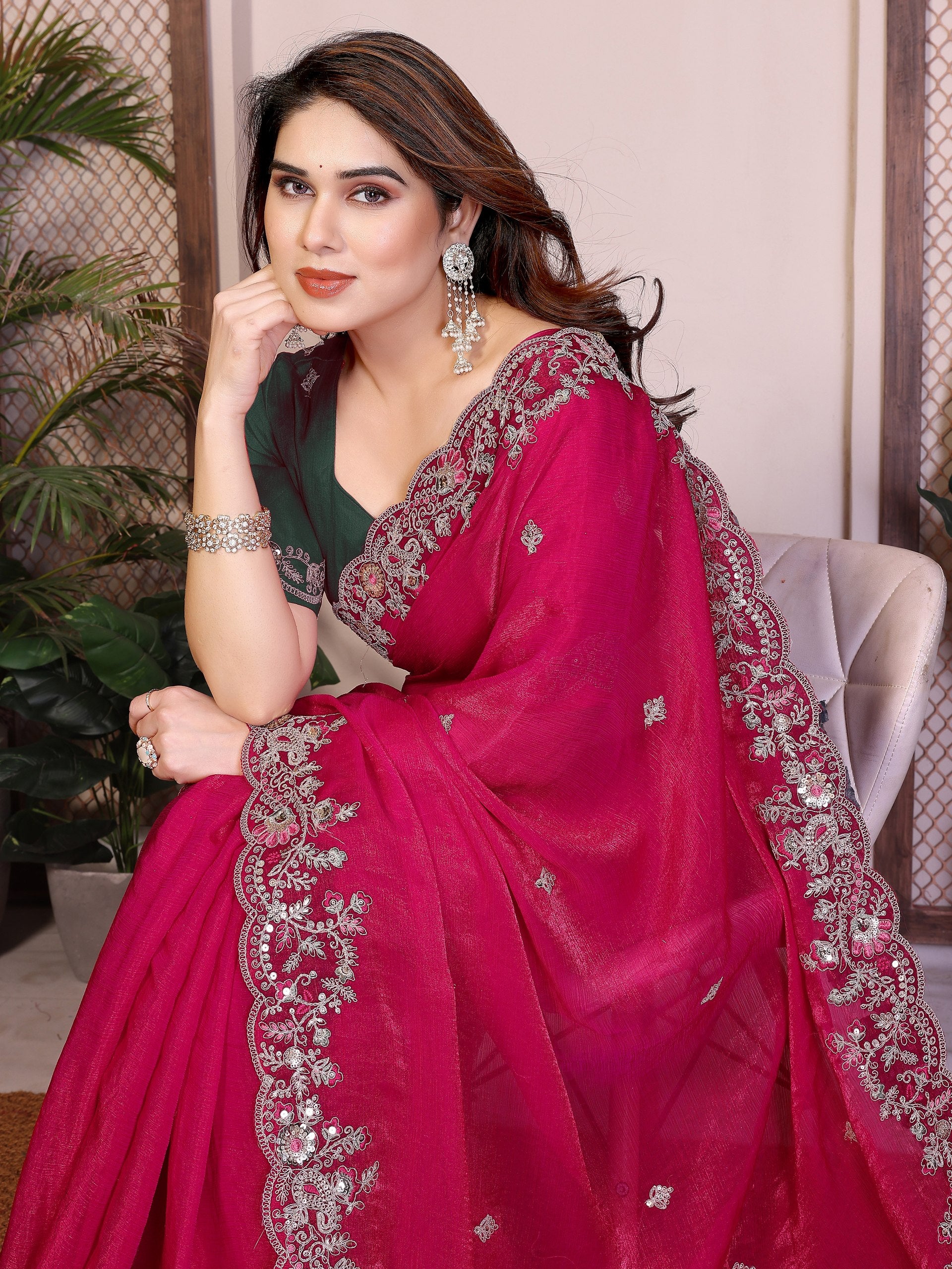 Oreva11 Pink Chiffon Silk Embroidery Saree with Blouse