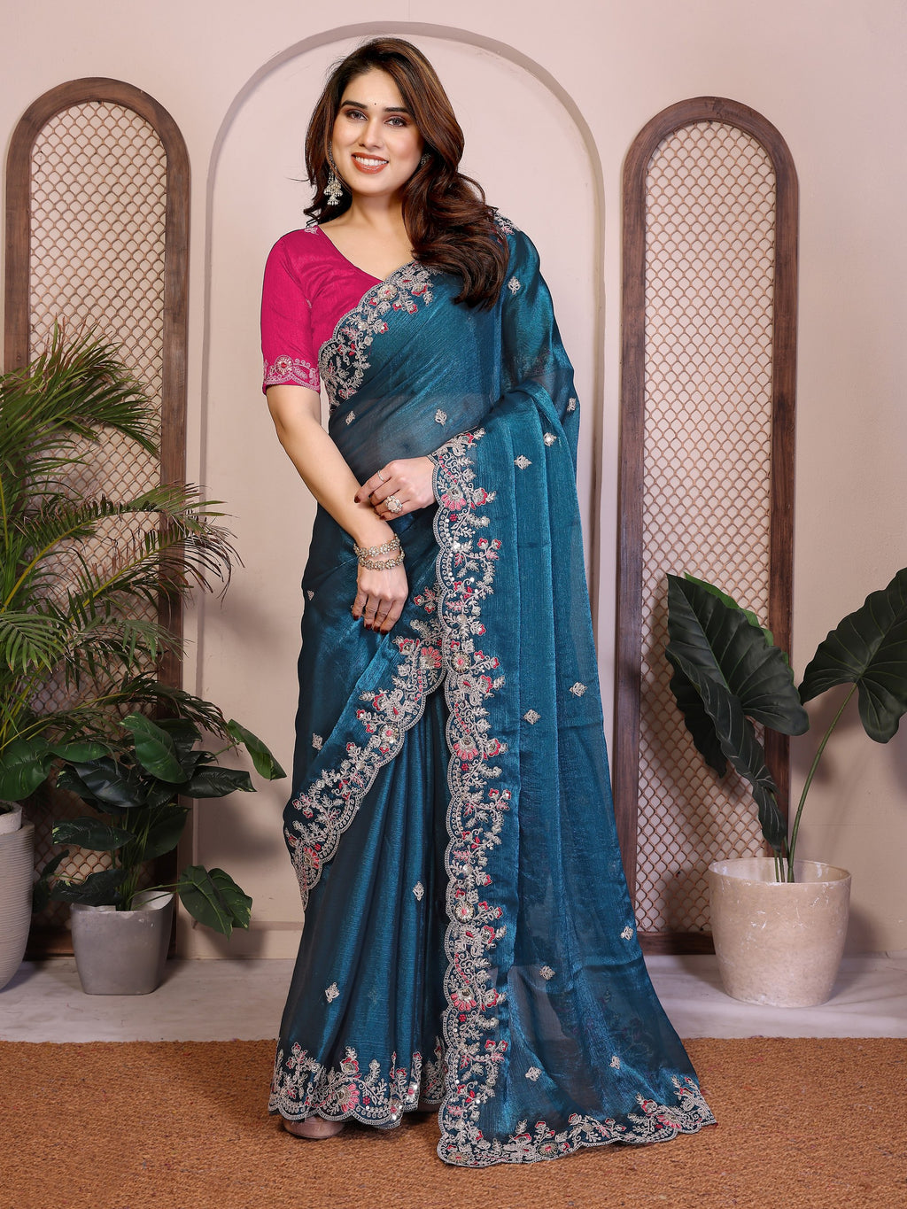Oreva11-Teal Blue Chiffon Silk Embroidery Saree with Blouse