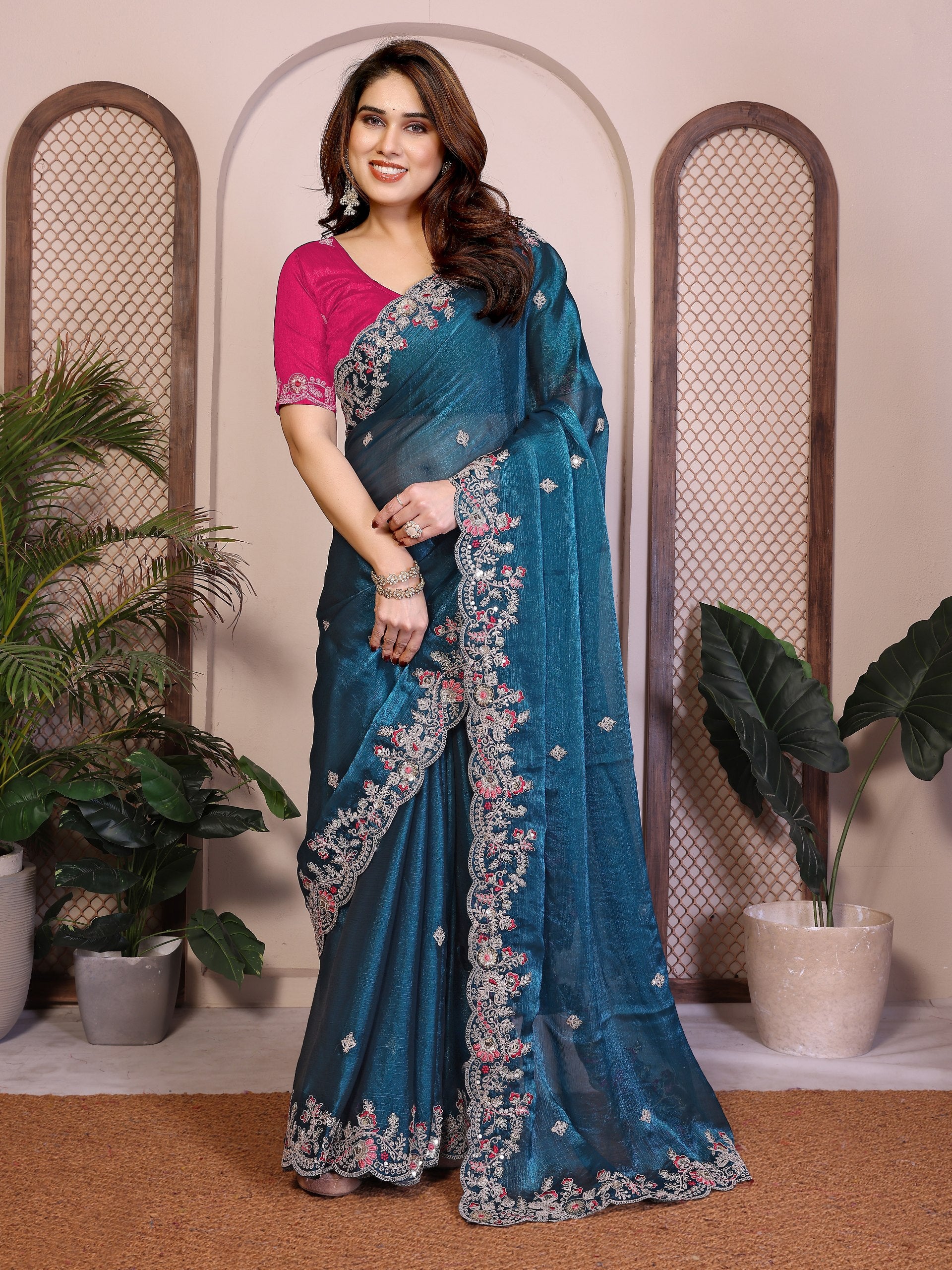 Oreva11-Teal Blue Chiffon Silk Embroidery Saree with Blouse