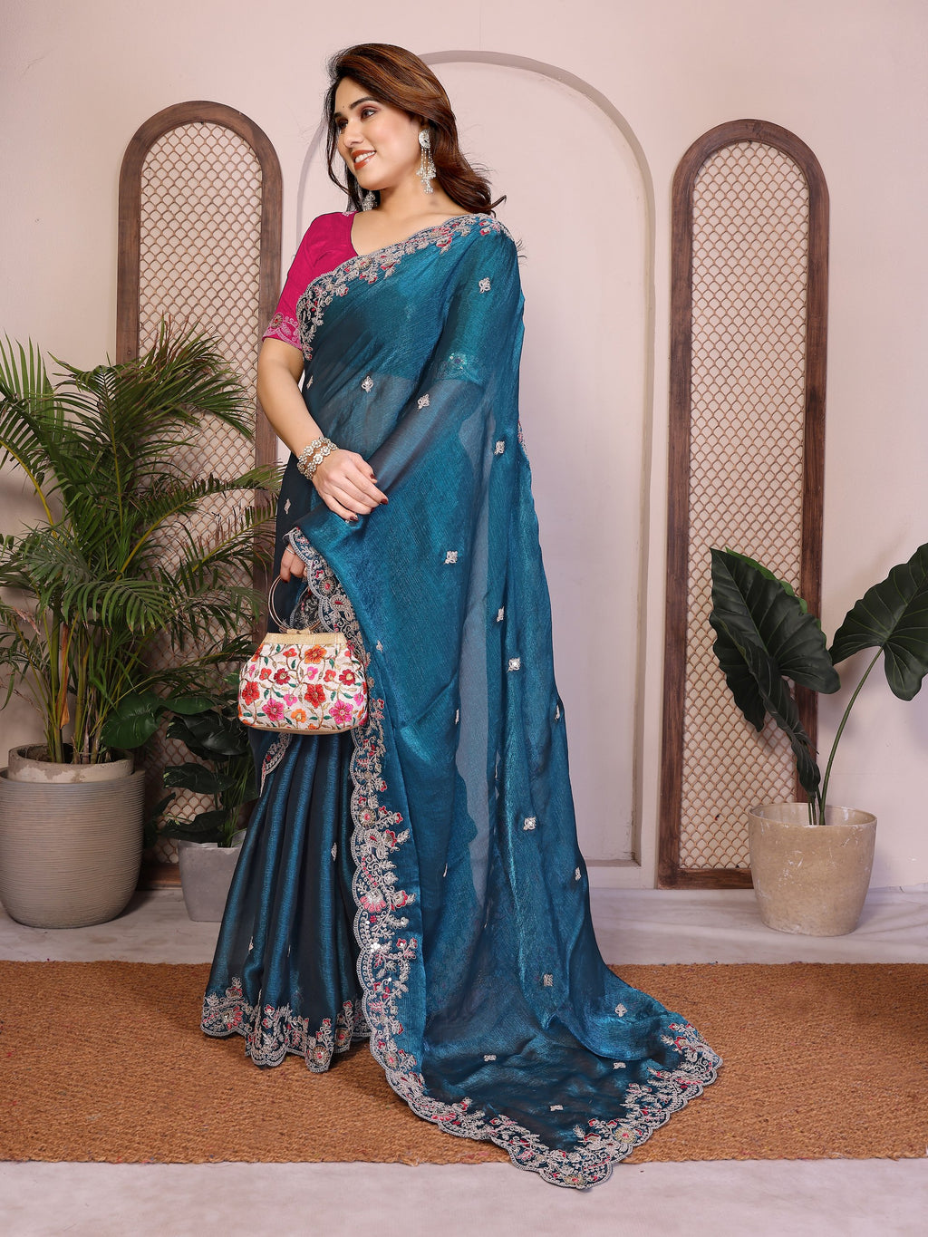 Oreva11-Teal Blue Chiffon Silk Embroidery Saree with Blouse
