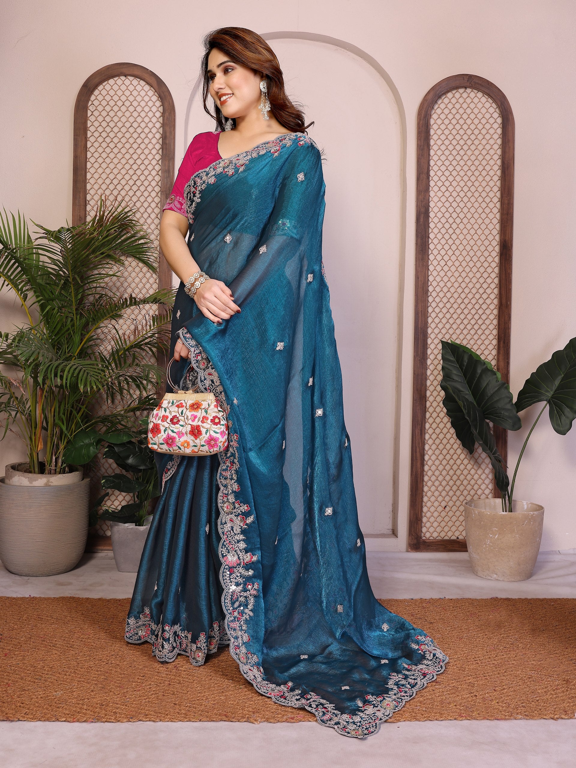 Oreva11-Teal Blue Chiffon Silk Embroidery Saree with Blouse