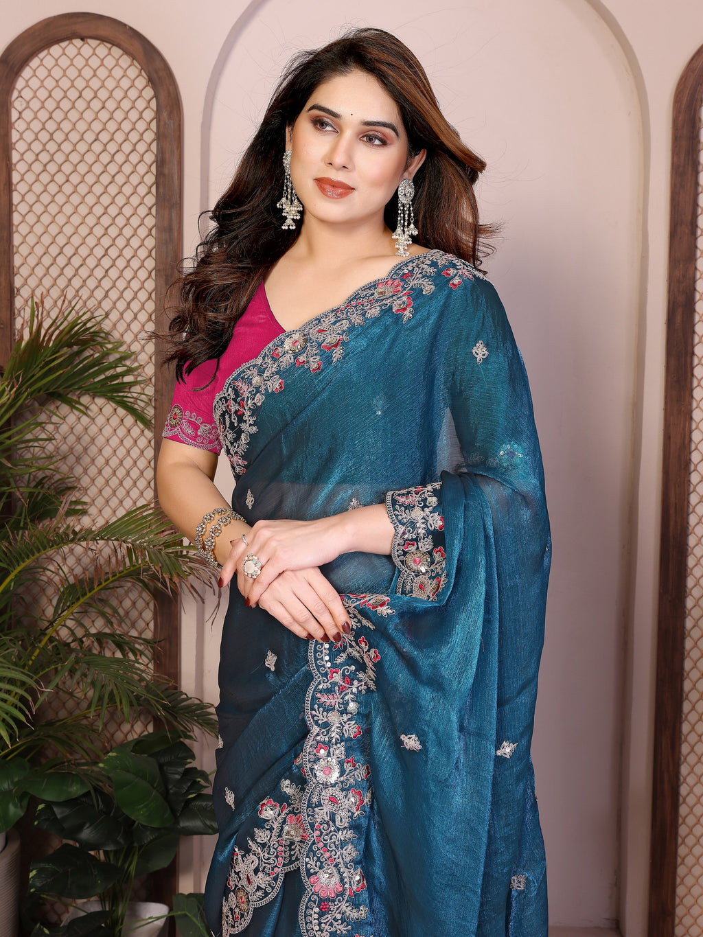 Oreva11-Teal Blue Chiffon Silk Embroidery Saree with Blouse