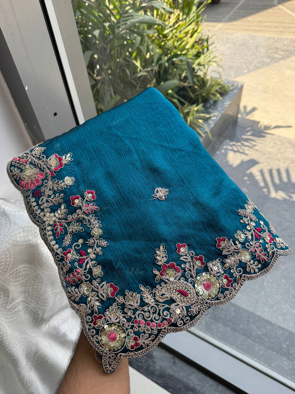 Oreva11-Teal Blue Chiffon Silk Embroidery Saree with Blouse