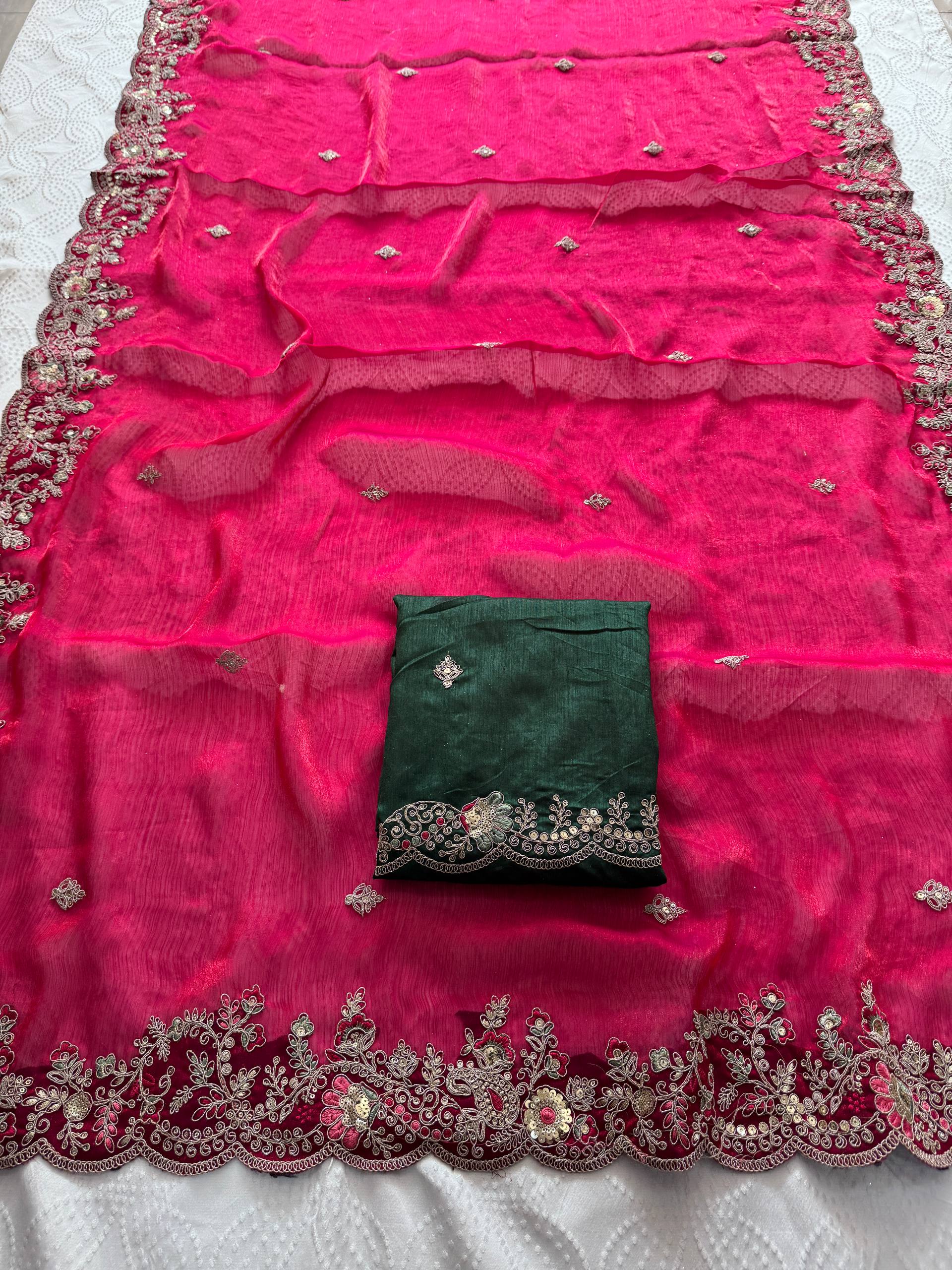 Oreva11 Pink Chiffon Silk Embroidery Saree with Blouse