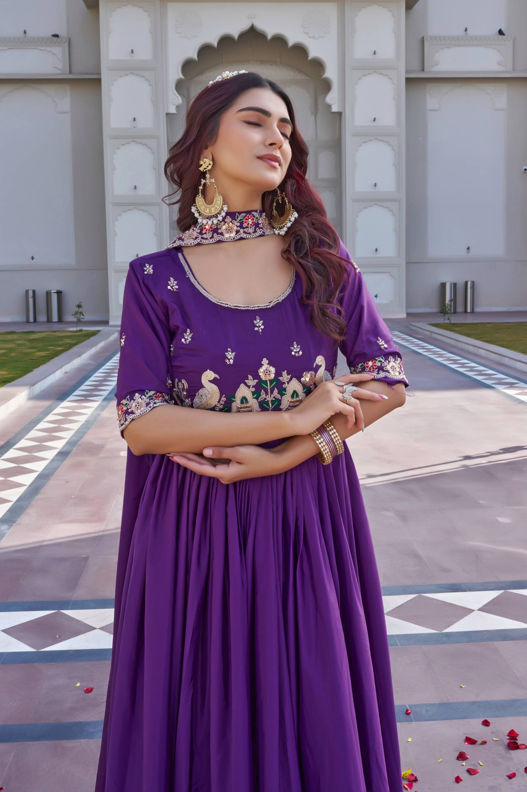 Purple Crepe Silk Embroidered Festival Gown Set with Dupatta [2 PCS]