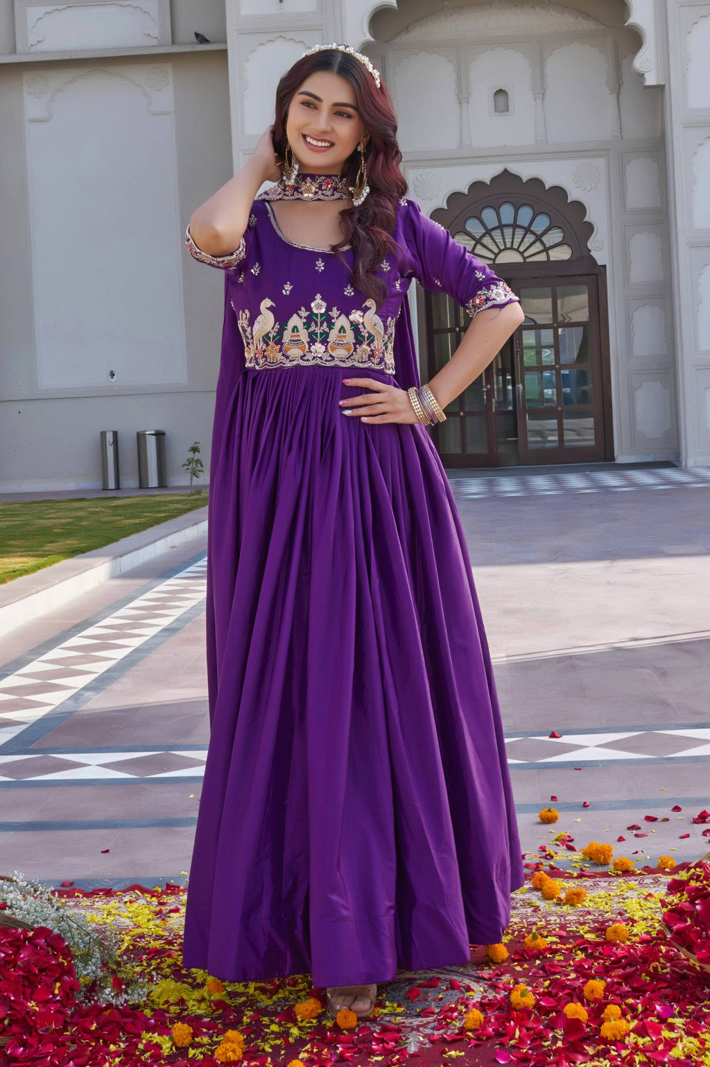 Purple Crepe Silk Embroidered Festival Gown Set with Dupatta [2 PCS]