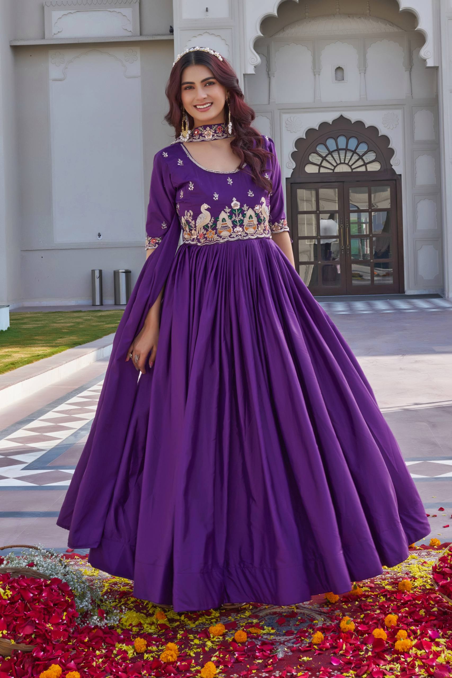 Purple Crepe Silk Embroidered Festival Gown Set with Dupatta [2 PCS]