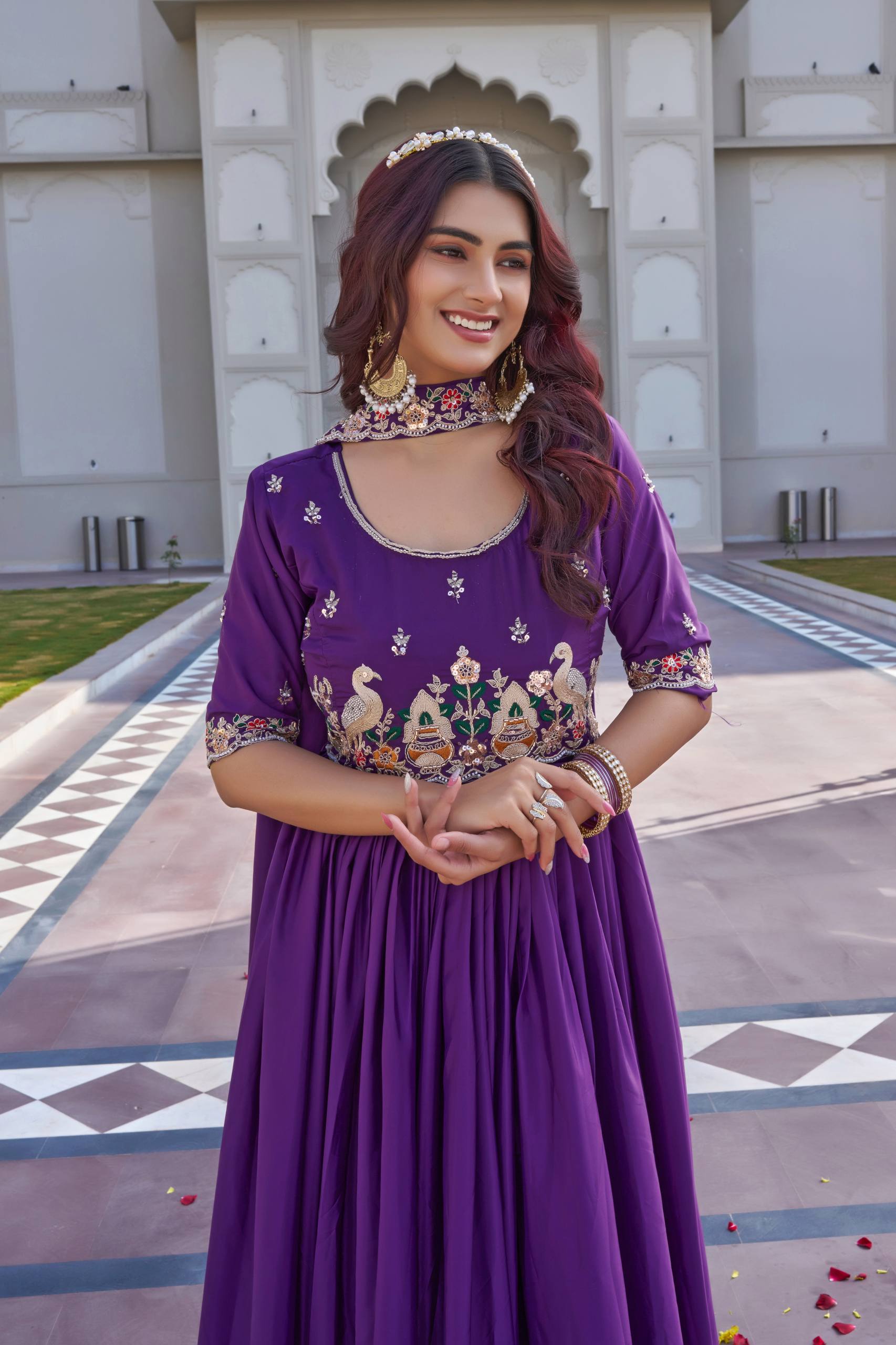 Purple Crepe Silk Embroidered Festival Gown Set with Dupatta [2 PCS]