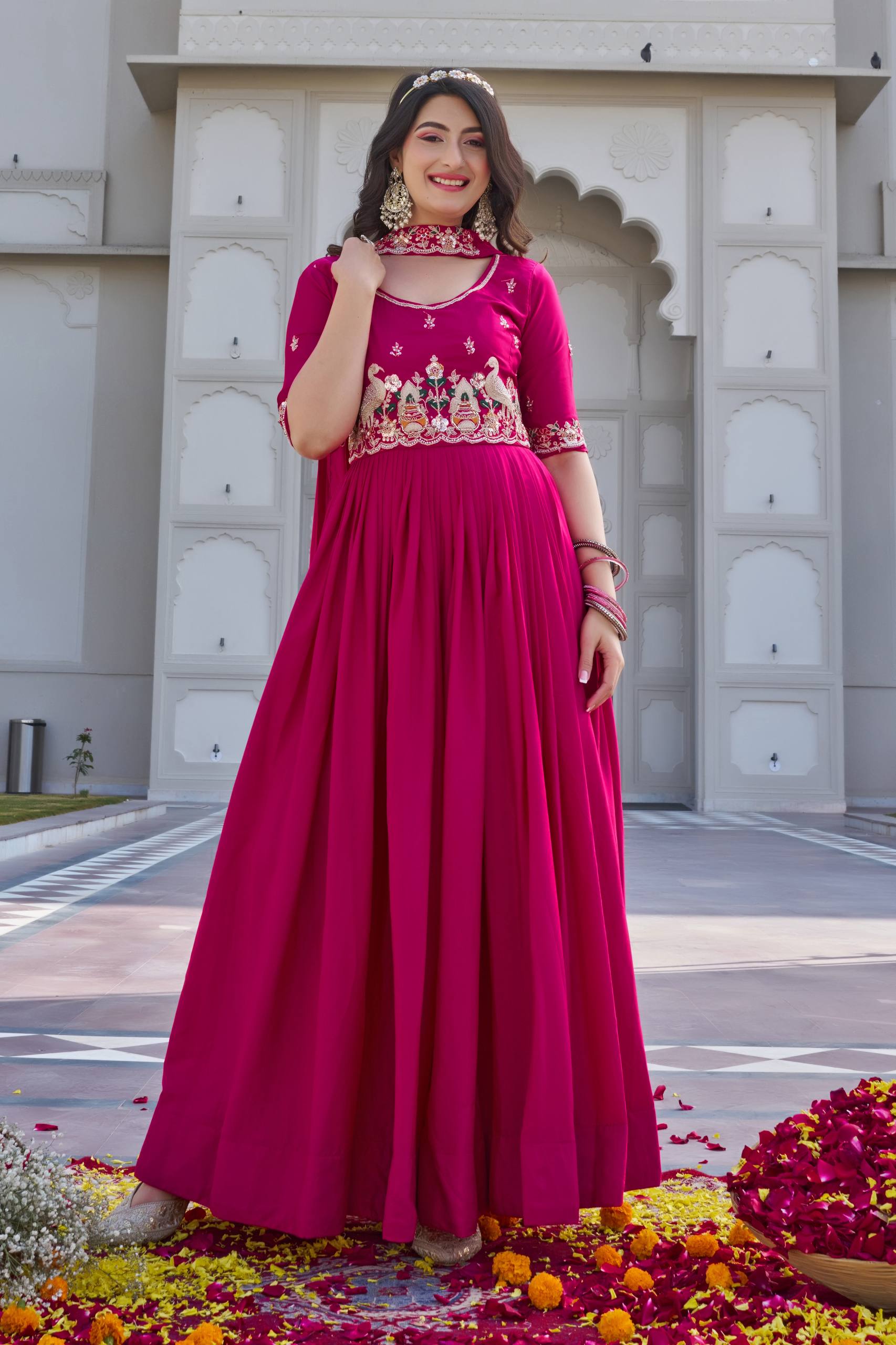 Rani Pink Crepe Silk Embroidered Festival Gown Set with Dupatta [2 PCS]
