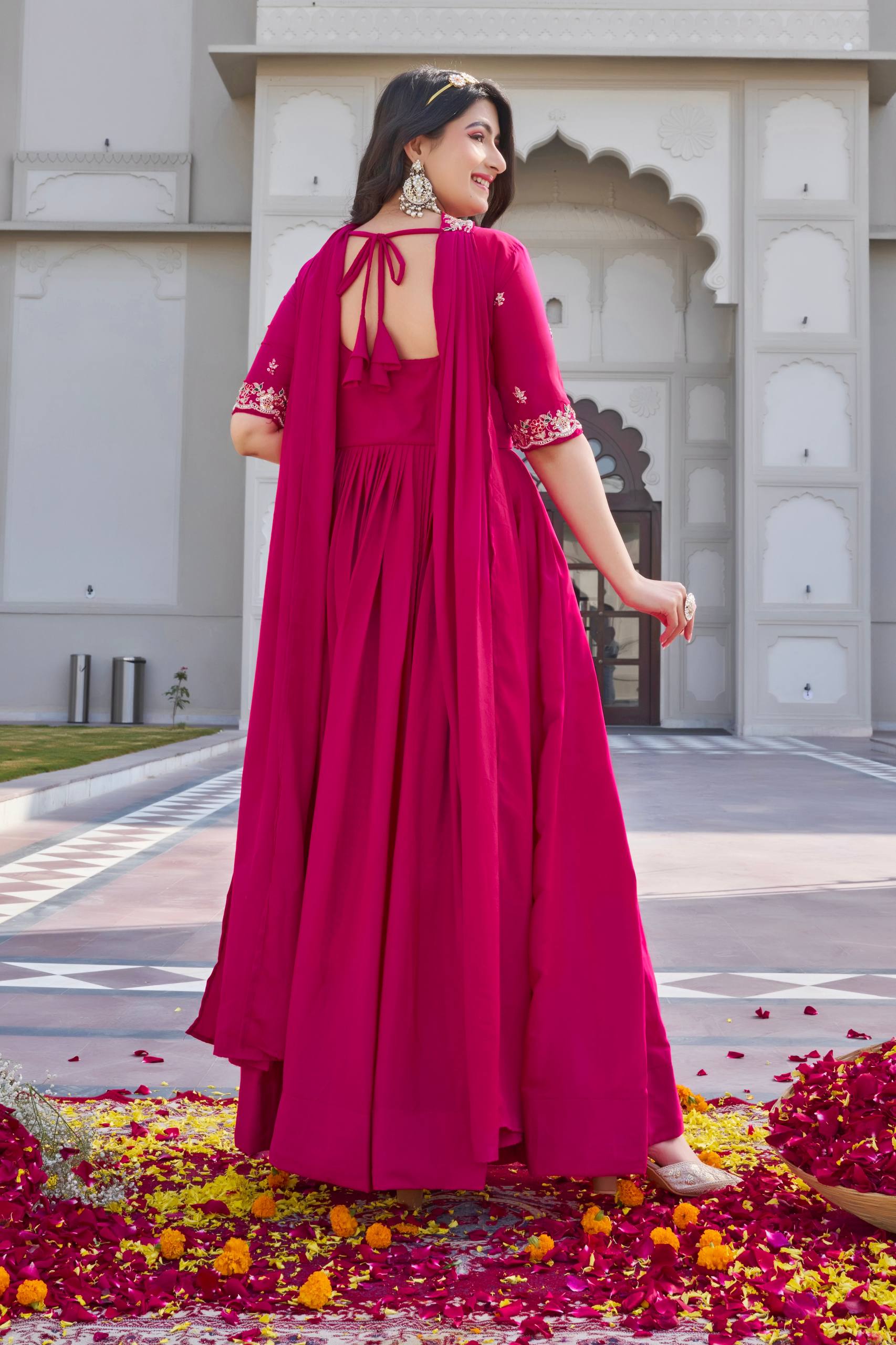 Rani Pink Crepe Silk Embroidered Festival Gown Set with Dupatta [2 PCS]