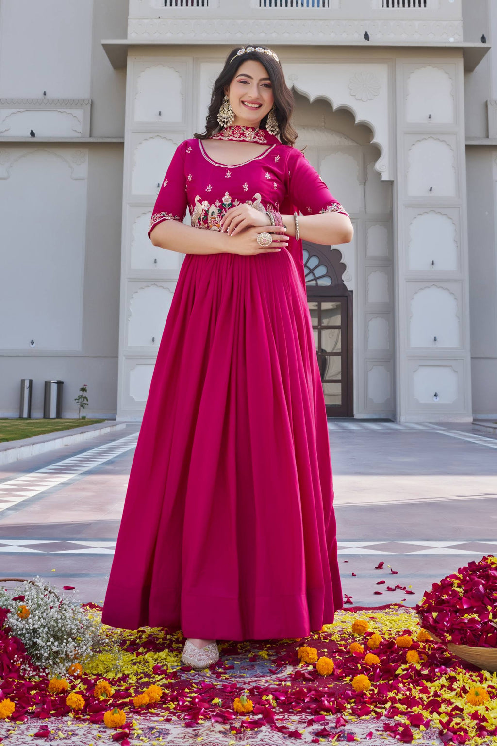 Rani Pink Crepe Silk Embroidered Festival Gown Set with Dupatta [2 PCS]