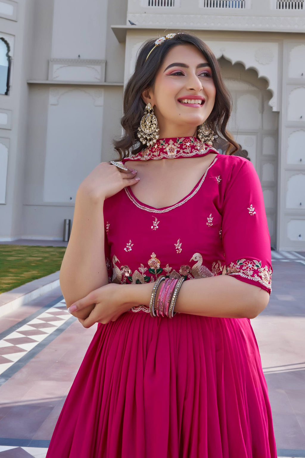 Rani Pink Crepe Silk Embroidered Festival Gown Set with Dupatta [2 PCS]